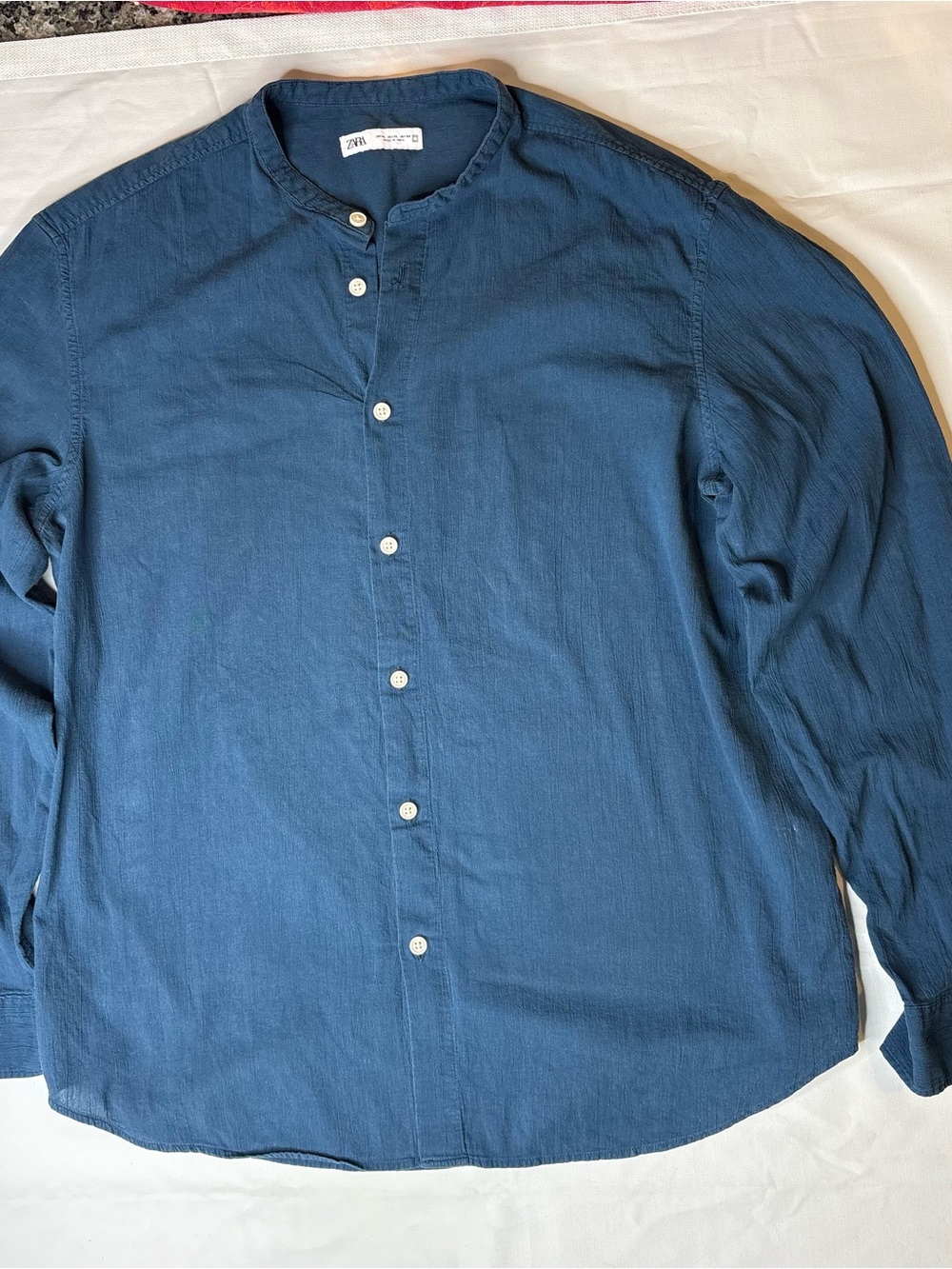 Zara Men's Dark Blue Band-Collar Button-Down Shirt